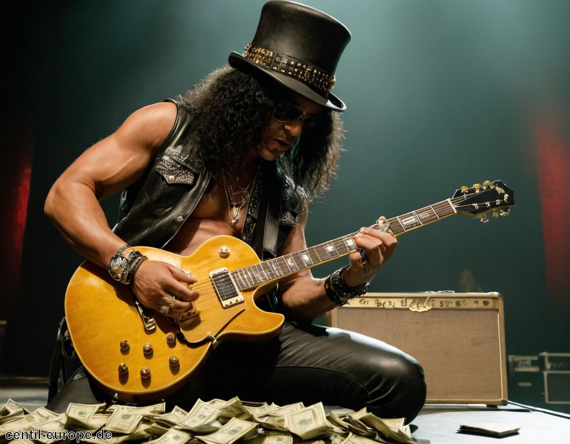 Lizenzeinnahmen aus Musik und Merchandising   - Slash Vermögen » Wie viel besitzt der Gitarrist